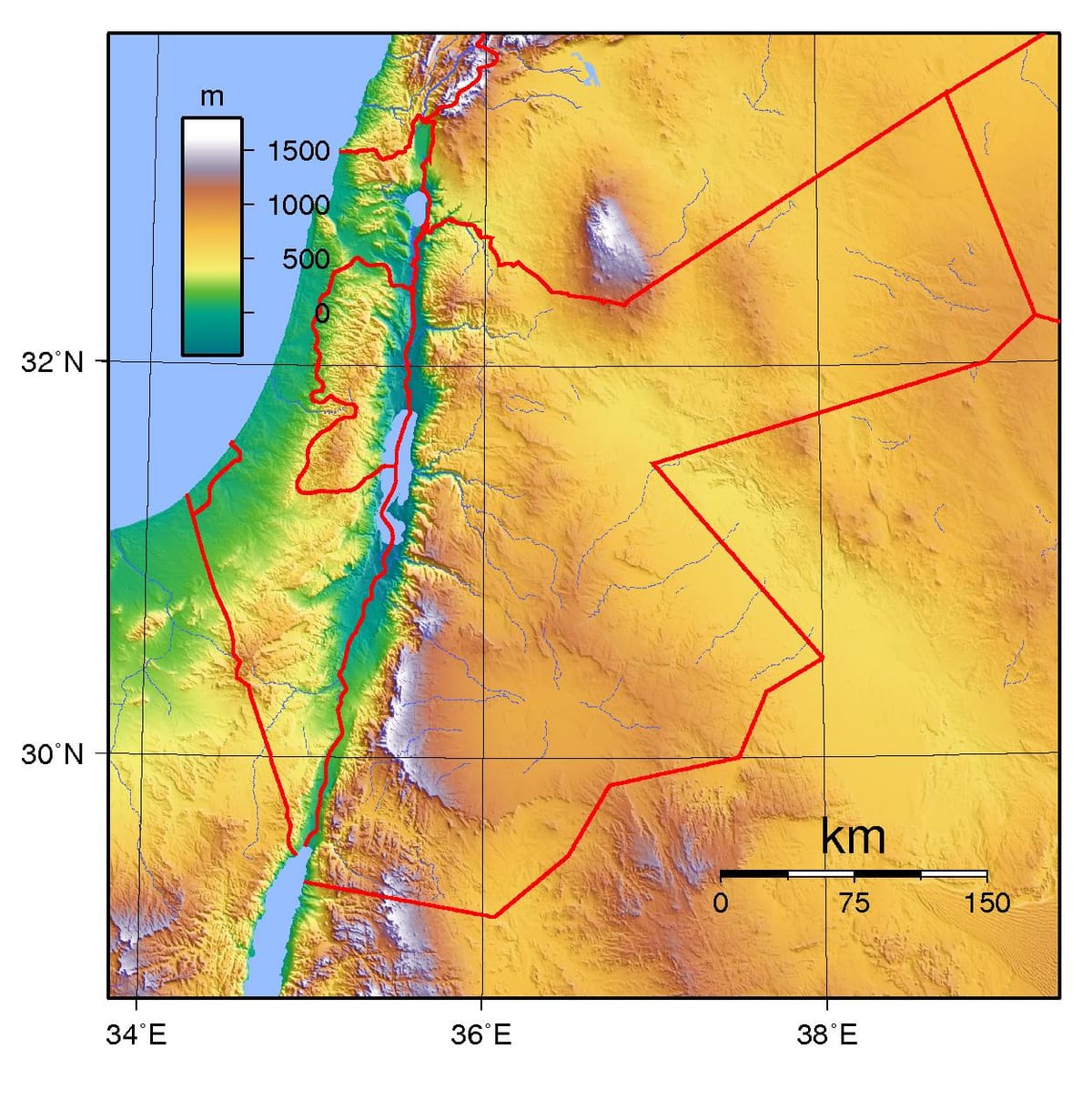 mapa Jordan elevacija